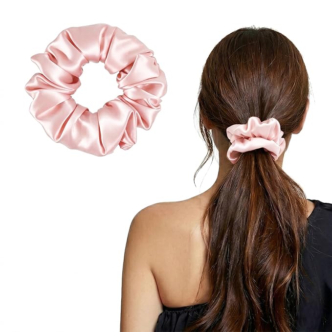 ZLYC 100% Mulberry Silk Scrunchie 19 Momme Gentle Creaseless Hair Tie for Women Dent-Free Ponytail Holder, 3.5cm Solid Pink