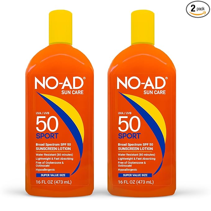 NO-AD SPF 50 SPORT Sunscreen Lotion | Hypoallergenic | Broad Spectrum UVA/UVB Protection | Water Resistant | Octinoxate & Oxybenzone Free with moisturizing Vitamin E and Aloe 16oz | Pack of 2