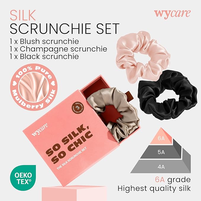 Wycare 100% Silk Scrunchies - Gentle on Hair Mulberry Silk Scrunchies for Women - Luxurious Sleep Ties for Women's Curly Hair (Set of 3 Blush)