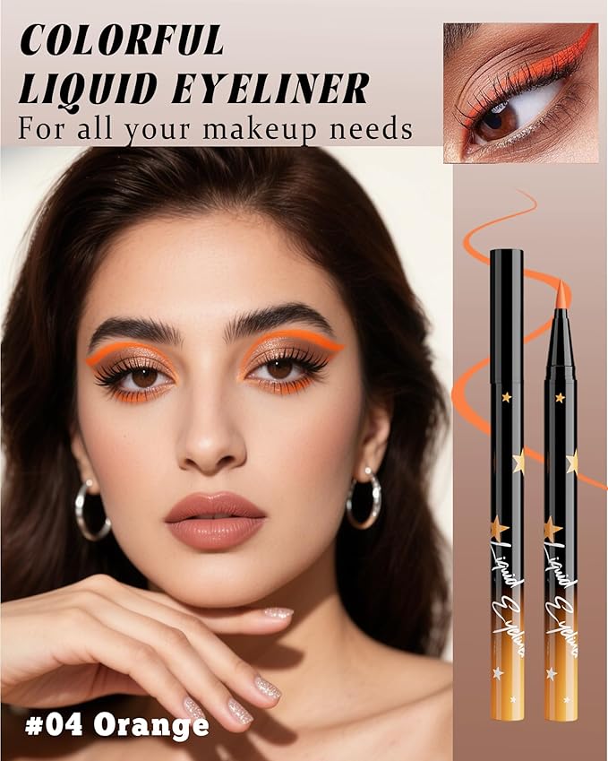 Colored Liquid Eyeliner Pen, Orange Waterproof Waterline Matte Eye Liner Pencil, High Pigmented Long Lasting Quick Drying Colorful Eyeliner Pencils for Women, Valentine’s Day Eye Makeup Gifts-04
