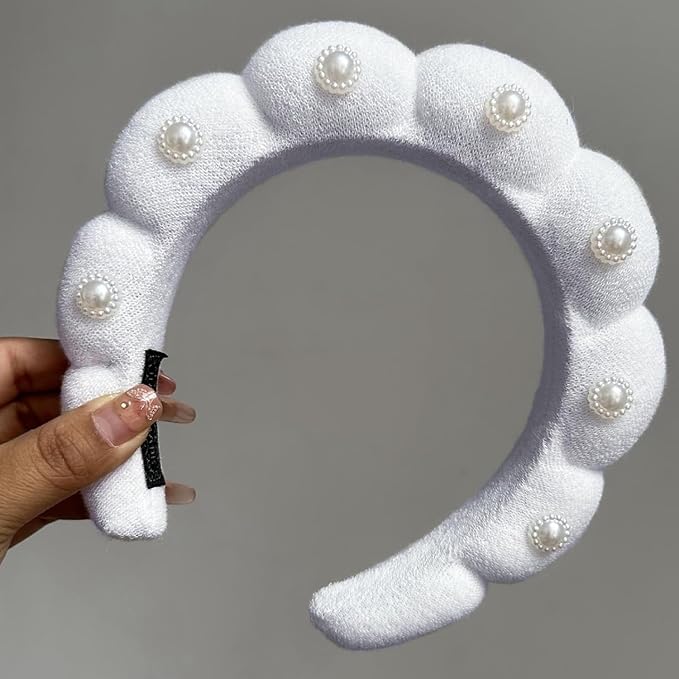 Spa Headbands Puffy Makeup Skincare Headbands for Washing Face or Facial, Terry Cloth Fabric Hairbands for Makeup Removal Shower Skin Treatment(White, Pearl)