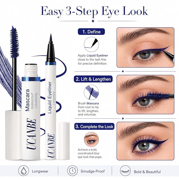 UCANBE Blue Mascara and Liquid Eyeliner Set, Waterproof Colored Eye Makeup Duo - Enhance Your Gaze with Natural Lasting Lift & Curl for Lashes and Pigmented Smudge-Proof Eye Liner