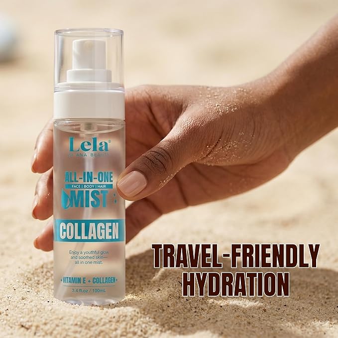 Lela Beauty All-In-One Collagen Mist Hydrating Face, Body & Hair Spray with Vitamin E - Lightweight Travel Size Formula with Cooling Facial Mist for Glow & Refreshed Skin - 3.4fl oz