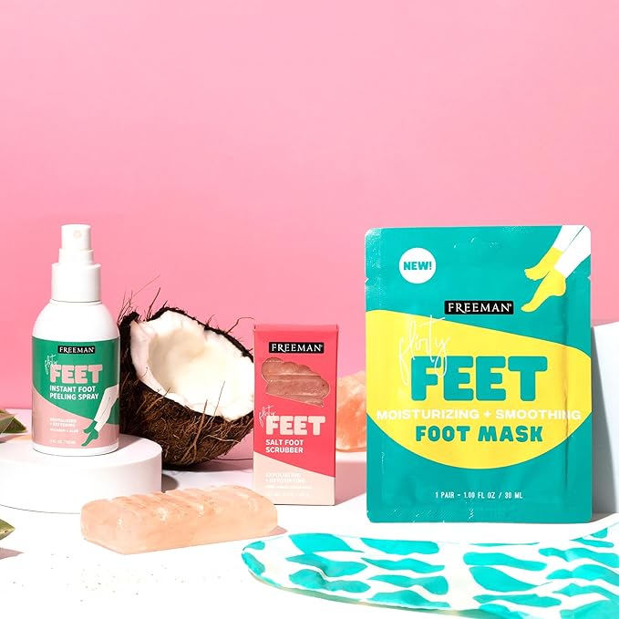 Freeman Flirty Feet Foot Care Set – Instant Peeling Spray for Dry, Cracked Feet + Moisturizing Foot Mask Socks 3-Pack (4 Piece Set)