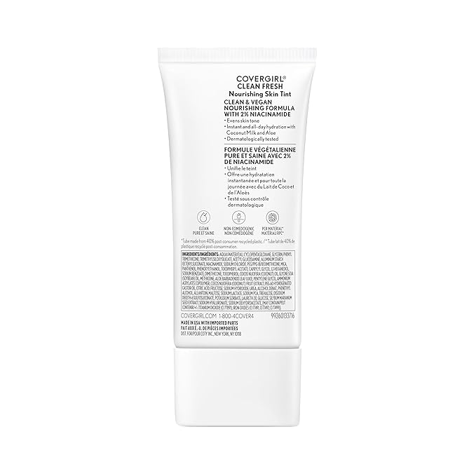 COVERGIRL Clean Fresh Nourishing Skin Tint, 520 Fair/Light, Liquid Foundation, Dewy Finish, Infused with Coconut & Aloe, Vegan Formula