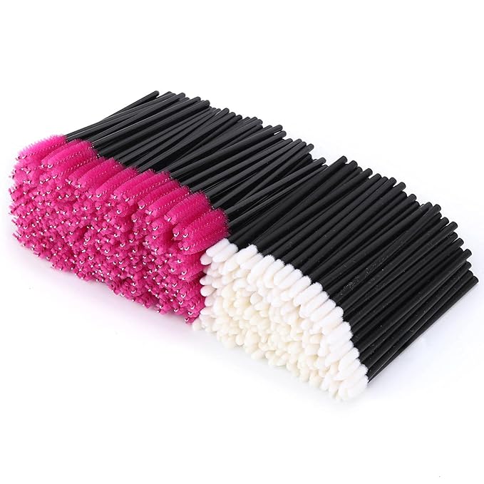 Tbestmax 400 Spoolies Mascara Wand and Lip Brush Disposable Lash Brushes for Eyelash Extensions, Lipstick Lip Gloss Wands Applicator Tool (Black+Hotpink)