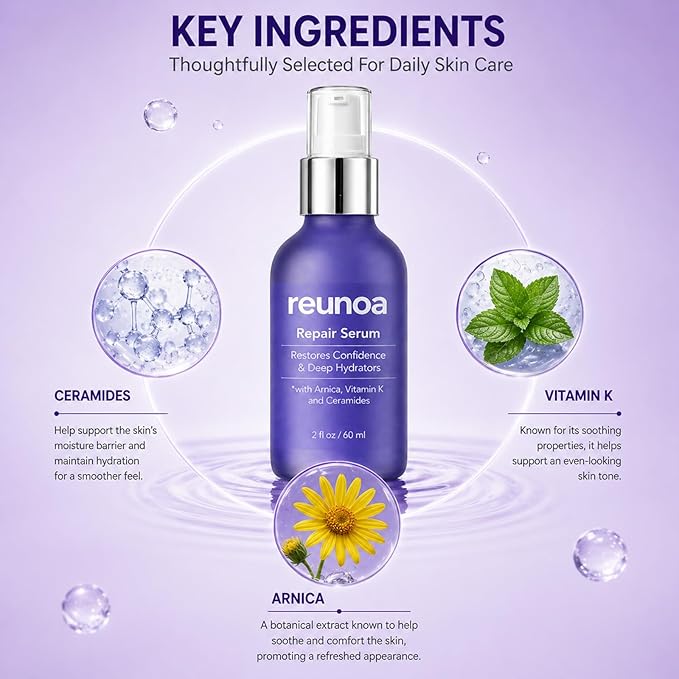 Reunoa Bruise Defense & Repair Serum, Ceramide Serum, with Ceramides, Vitamin K, and Arnica, Restores Confidence, Deep Hydrators, Redwuce Drynaess, 60ml