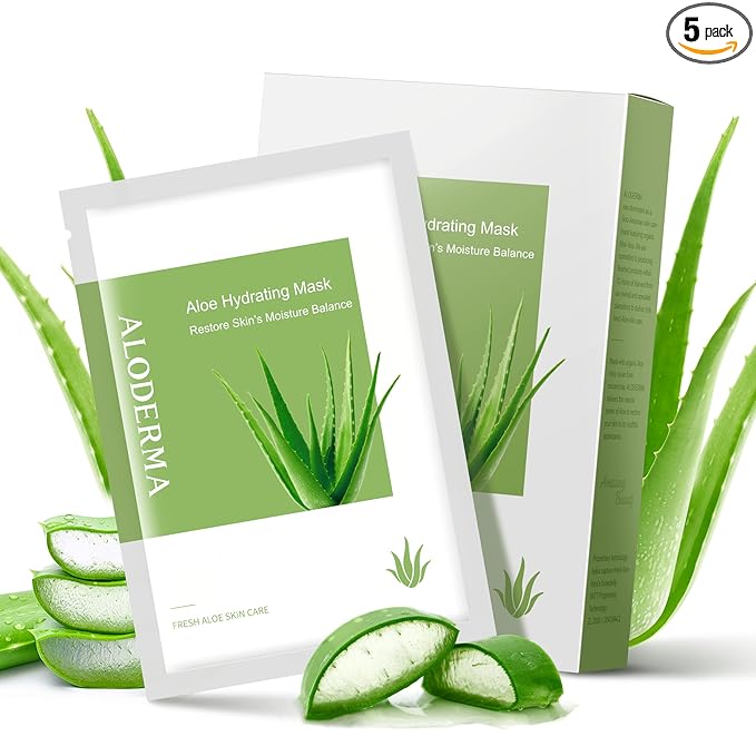 Aloderma Hydrating Sheet Face Masks with 87% Organic Aloe Vera - 5 pack Moisturizing Facial Masks with Hyaluronic Acid & Bergamot Oil for Nourished, Radiant Skin - Aloe Vera Natural Skincare