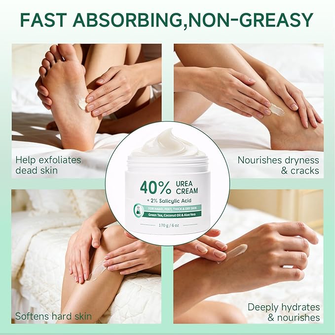 40% Urea Cream for Feet Maximum Strength, Foot Cream for Dry Cracked Heels, Callus Remover with 2% Salicylic Acid, Moisturizer for Hands Elbows Knees Rough Skin, 3 Packs