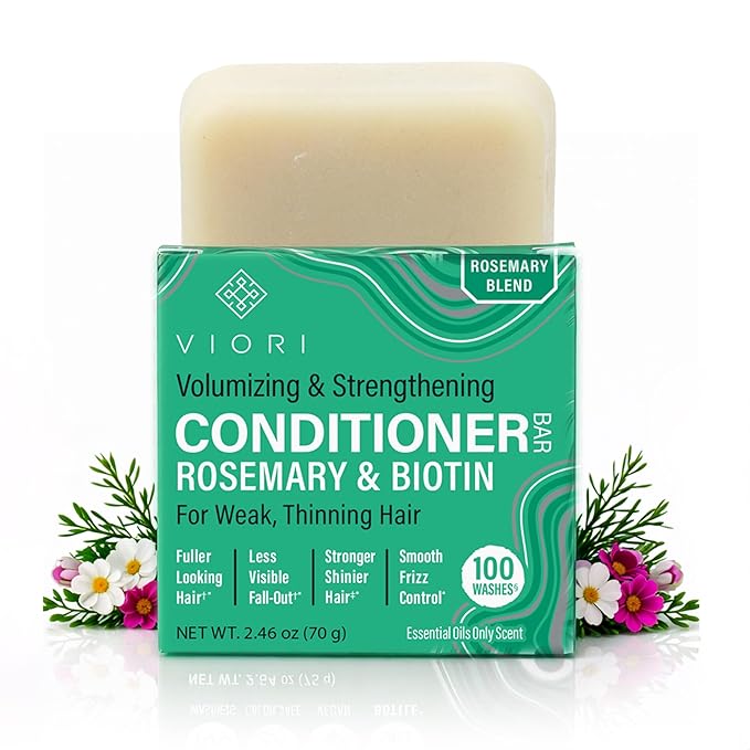Viori Rosemary Conditioner Bar with Biotin - Rice Water Hair Conditioner Bar for Thinning Hair - Strengthening, Shine, Scalp Care - Plastic Free - Travel Friendly