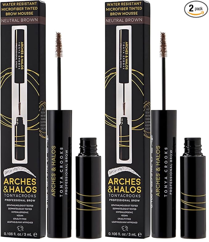 Arches & Halos Microfiber Tinted Brow Mousse - Shape and Define - For Full, Fluffy, Natural Looking Brows - Vegan and Cruelty Free Makeup - Neutral Brown, 0.106 oz (Pack of 2)