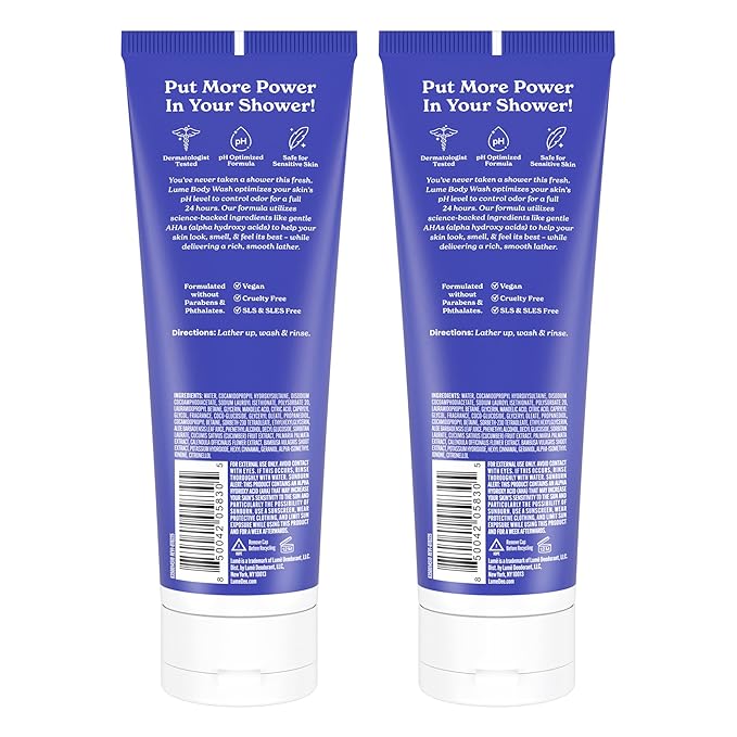Lume Acidified Body Wash for 24 Hour Odor Control - Removes Odor Better than Soap - Hydrating Formula - Formulated without SLS or Parabens - Safe for Sensitive Skin - 8.5 Ounce - 2 Pack (Soft Powder)