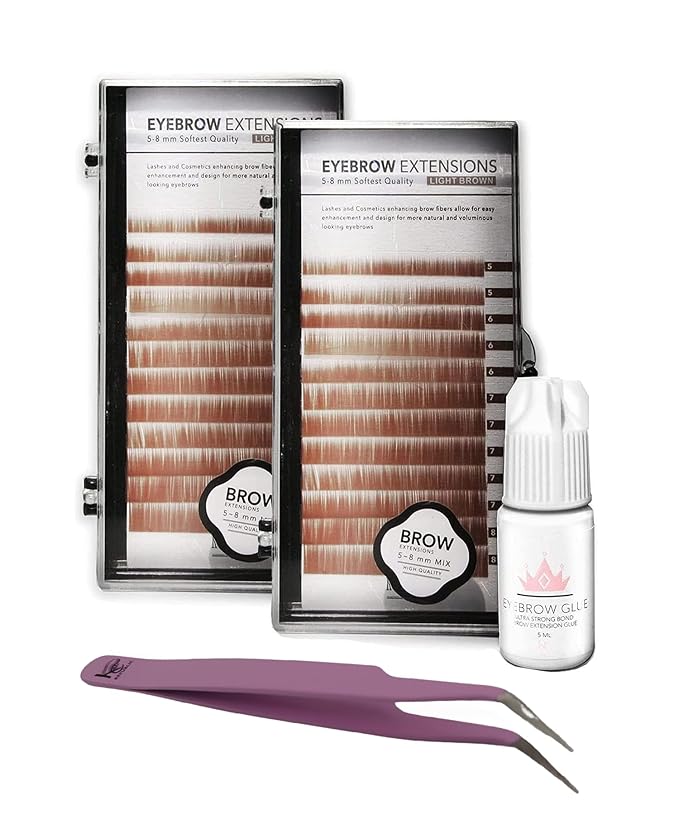 Lash Eyebrow Extensions Kit with 2 Trays of Mink False Eyebrows in Blonde/Light Brown, Glue Clear & Extension Tweezers, Comes on Mixed Length 5-8 mm (Light Brown 2-Pack, Violet Tweezer)