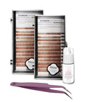 Lash Eyebrow Extensions Kit with 2 Trays of Mink False Eyebrows in Blonde/Light Brown, Glue Clear & Extension Tweezers, Comes on Mixed Length 5-8 mm (Light Brown 2-Pack, Violet Tweezer)