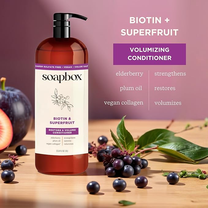 Soapbox Biotin & Super Fruit Conditioner, Leaves Hair Volumized & Strong - Clean Ingredients Free of Harsh Chemicals, Sulfates, Parabens & Silicones - Volumizing Conditioner for Hair, 33.8oz Liter