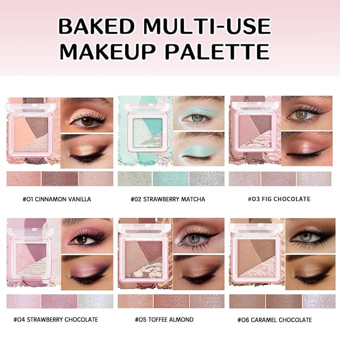 Mini Pink Brown Baked Eyeshadow Palette, 3 Shade Shimmer Eye Shadow, Soft Romantic Glam Makeup, Smooth Blendable & Buildable, No Fallout, Long-Lasting Daily & Glam Looks, Paleta de Sombras de Ojos 03