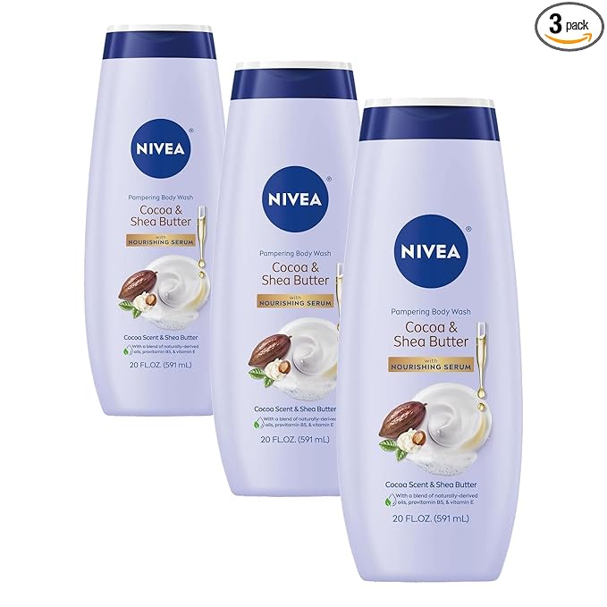 Nivea Pampering Cocoa and Shea Butter Body Wash with Nourishing Serum, Moisturizing Body Wash for Women, Enriched with Provitamin B5 and Vitamin E, 20 Fl Oz Bottle (Pack of 3)
