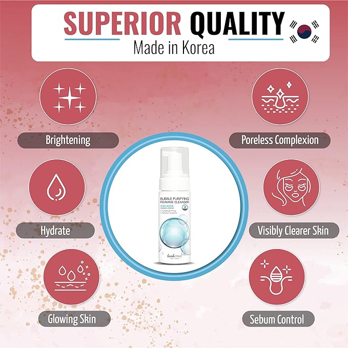 LOOKATME Korean Face Wash for Sensitive Skin - Water Based Bubble Skincare Cleanser - K Beauty Natural Acne Foaming Cleaner - Hydrating Skin Care Cleansing Foam with Low pH - Collagen
