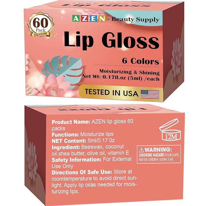AZEN 60 Pack Lip Gloss Set, Color Lip Oil for Dry Cracked Lips Moisturizing Hydrating Nourishing with Vitamin E, Mothers Day Gifts for Women