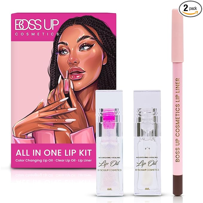 BossUp Cosmetics All-In-One Lip Kit | Dark Brown Lip Liner and Lip Oil Set with Clear and Color Changing Lip Oils | Complete Lip Makeup Kit for Women