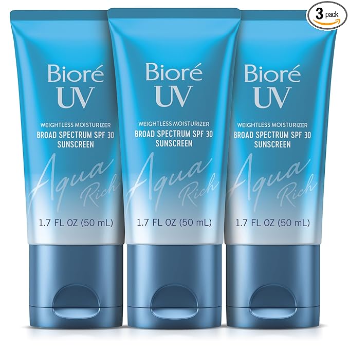 Biore UV Aqua Rich SPF 30 PA+++ Daily Moisturizer Sunscreen for Face, For Sensitive Skin, Oil Free, Hyaluronic Acid, Vegan, Oxybenzone & Octinoxate Free, Dermatologist Tested, 1.7 Oz/3pk