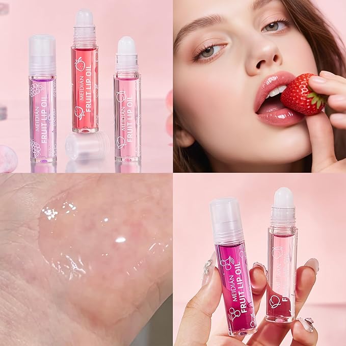 ADMD 4-Pack Lip Gloss Set Fruit Flavored Rollerball Lip Oil Set - Hydrating, Nourishing & Plumping - Strawberry, Peach, Grape, Cherry