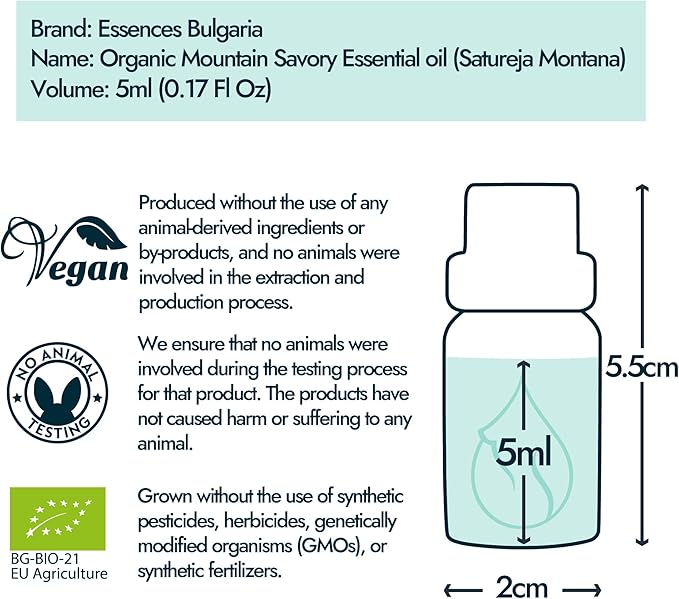 Essences Bulgaria Organic Mountain Savory Essential Oil 1/6 Fl Oz | 5ml | Satureja Montana | 100% Pure and Natural | Undiluted | Therapeutic Grade | Family Owned Farm | Steam-Distilled | Non-GMO
