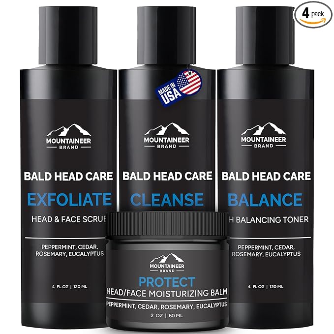 Mountaineer Brand Bald Head Care Gifts For Bald Men | All Natural 4 Step Daily Skin Care for Healthy Scalp & Face | Exfoliate Scrub | Cleanse Wash | Shine Away PH Balance | Protect Moisturizing Balm
