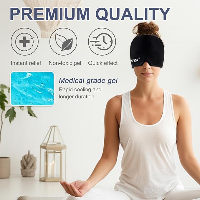 Migraine Relief Gel Ice Head Wrap, Hot and Cold Therapy Headache Relief Hat, Migraine Cap for Puffy Eyes, Headache Eyes Mask for Sinus, Tension and Stress Relief (Black & Black)