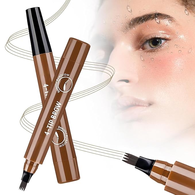 Microblading Eyebrow Pen, 2PCS Magic Waterproof Eyebrow Pencil with 4 Micro-fork Tip, 3D Natural Fine Stroke Eyebrow Pen for Women, Easy to Use Eye Brow Pencil for Defined Makeup (Dark Brown)