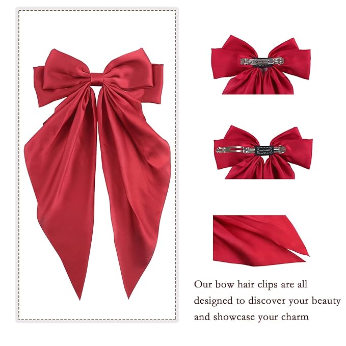 3Pcs Hair Bows For Women, Silky Ribbons Hair Women's Oversized Bow Metal Spring Clips Temperament Beautiful Hair Accessories Gift （3Pcs/Wine Red, Black, Cream White, ）
