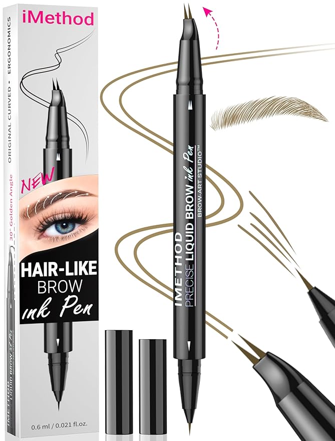 iMethod Curved Eyebrow Pen - Eyebrow Pencil, Brow Pencil 2-in-1 Dual-Ended Microblading Eyebrow Pen with Micro-Fork-Tip and Precise Brush-Tip Create Natural Hair-Like Brows, Last All-Day, Light Brown
