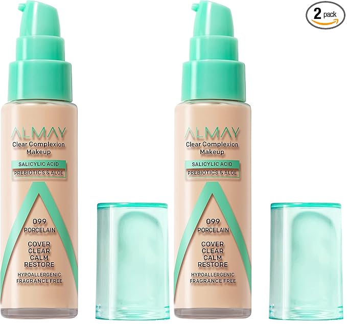 Almay Clear Complexion Acne Foundation Makeup with Salicylic Acid, Medium Coverage, Soft Matte Finish, Hypoallergenic, Cruelty- & Fragrance-Free, Dermatologist Tested, 099 Porcelain, 1 fl oz