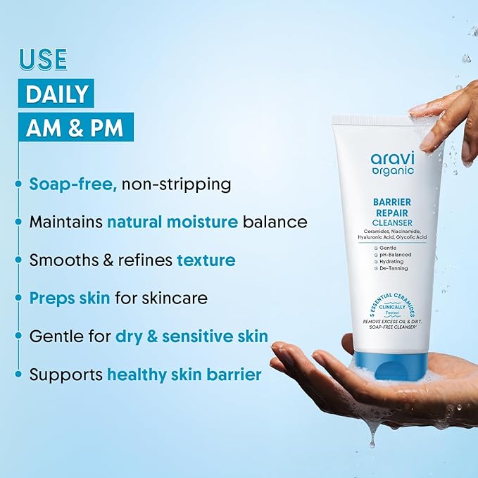Aravi Organic Hydrating Barrier Repair Face Wash -With Ceramide, Niacinamide & Hyaluronic Acid -Nourishing & Hydrating Cleanser for All Skin Types -Gentle Daily Cleanser for Soft & Smooth Skin -100 ml