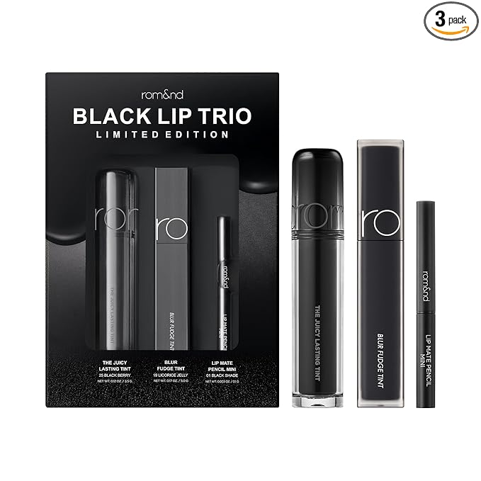 Rom&nd Black Lip Trio Limited Edition K-Beauty Set | Authentic Glossy, Matte & Liner | Hydrating, Buildable, Versatile Makeup Kit
