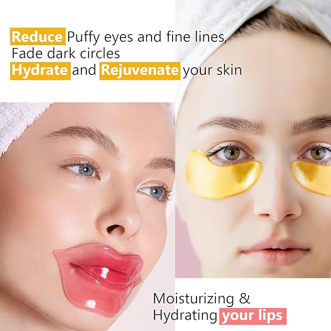 30 Pairs 24K Gold Eye Masks & Lip Mask, Under Eye Patches and Lip Pads,Collagen Crystal Mask Set for Puffy Eyes, Dark Circles, Lip Mask Skincare for Teacher Appreciation Gifts