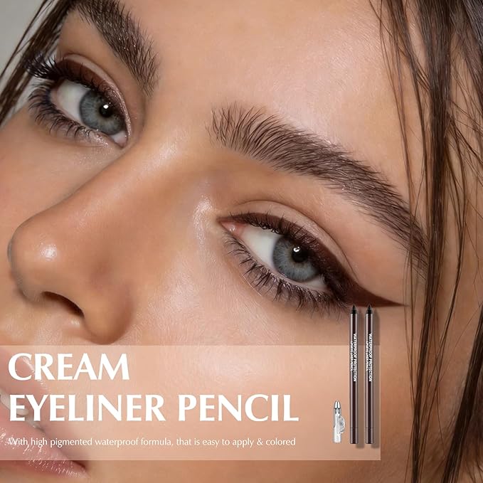 2 PCS Dark Brown Eyeliner Pencil, Cream Gel Waterline Eyeliner Smooth Waterproof Smudge-Proof Lasting Bold High-Pigmented Matte Eye Liner Pen Eyeshadow Crayon Makeup for Women with Sharpener