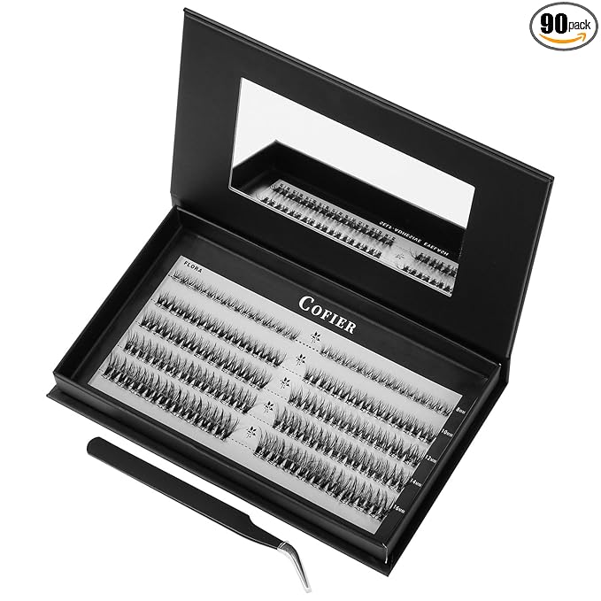 Glue-Free Wispy Lash Clusters Kit, 90 Pcs Individual Eyelash Clusters (8-16mm C Curl)- DIY Lash Extension Kit with eyelashes Tweezers, Natural Fluffy Fake Lashes for Home Use, Beginners Friendly