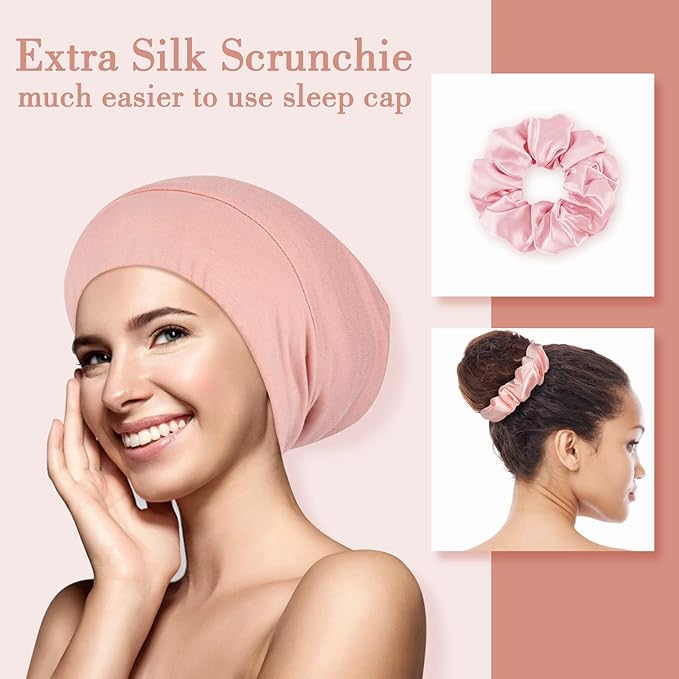 LULUSILK Mulberry Silk Bonnet for Sleeping Women, Real Silk Sleep Cap for Curly Hair and Braids, Pure Head Wrap with Scrunchies, Pink
