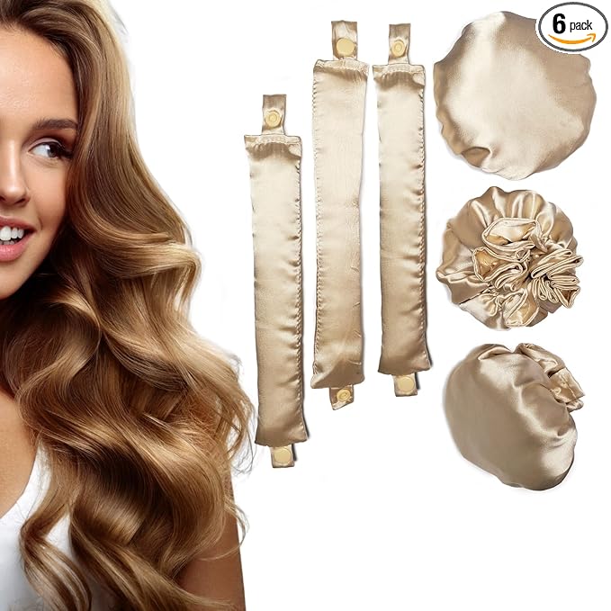 3Sets/6PCS Ariuvor New Satin Heatless Hair Curler,Hair Rollers for Heatless Curls with Hair Caps,Soft Heatless Curling Rod Headband for All Hair Types,No Heat Curling to Sleep in Overnight (2-beige)