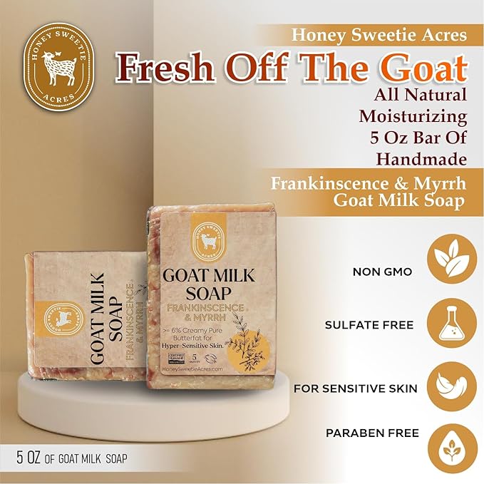 Honey Sweetie Acres 2-Pack Frankincense Goat Milk Soap - Handmade 5 oz Bar, Made with Natural Ingredients, Moisturizing & Gentle, Made in the USA