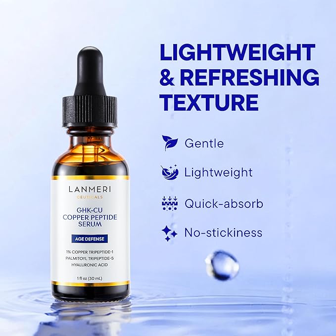 Lanmeri Copper Peptide Serum for Face:1% Copper Peptide (GHK-Cu) Anti-Aging Serum to Smooth Fine Lines, Improve Elasticity & Boost Collagen - Soothe & Repair Skin Barrier with Centella Asiatica