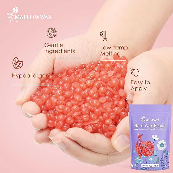 Mallowwax Hard Wax Beads, 1lb Strawberry Red Stripless Wax for Hair Removal, All-purpose Refill Wax Beans for Brazilian Bikini, Face, Eyebrows, Underarms, Chest, Back,Legs, Women and Men