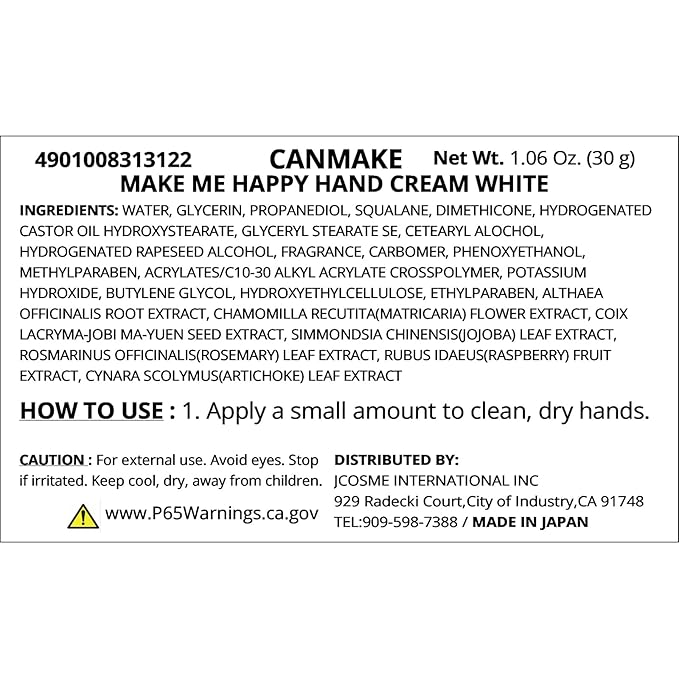 CANMAKE Make Me Happy Hand Cream 1.05 oz (30 g) Make Me Happy Hand Cream, 1.1 oz (30 g), Ethanol Free, Petroleum Surfactant Free (WHITE)