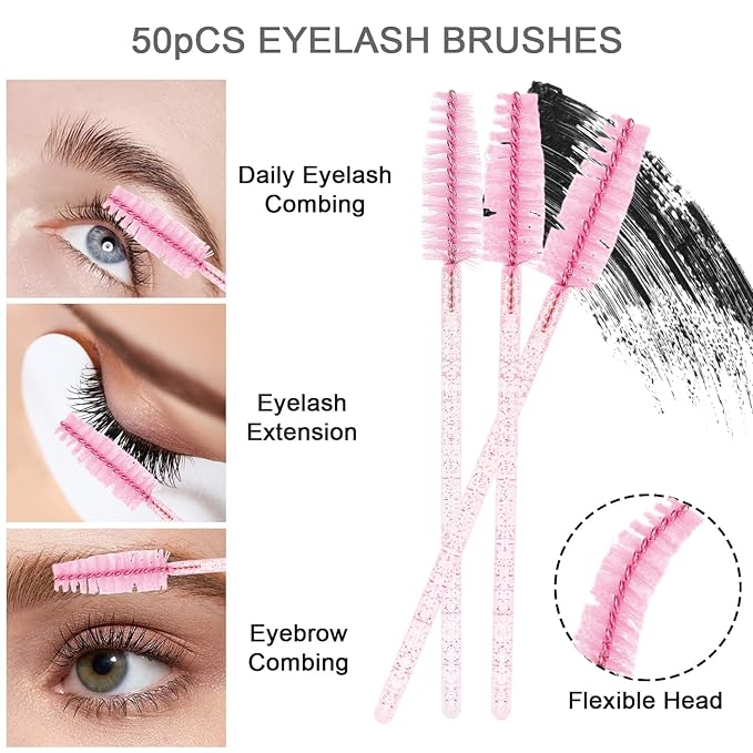 200Pcs Eyelash Extension Kit, Lash Spoolies Extension Supplies Eyebrow Brush Mascara Wands Lip Brushes Applicators Disposable Micro Swab Brushes for Lash Extensions Brow Lamination Kit, Crystal Pink