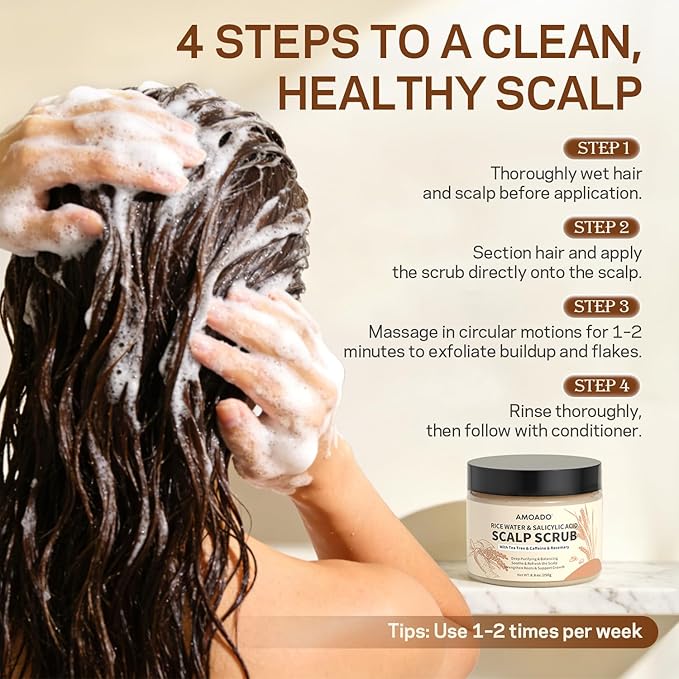 AMOADO Rice Water Scalp Scrub with Salicylic Acid(BHA), Tea Tree & Rosemary – Gentle Exfoliating Scalp Scrub Shampoo for Dandruff, Removes Buildup, Controls Oil & Refreshes the Scalp, 8.8 oz