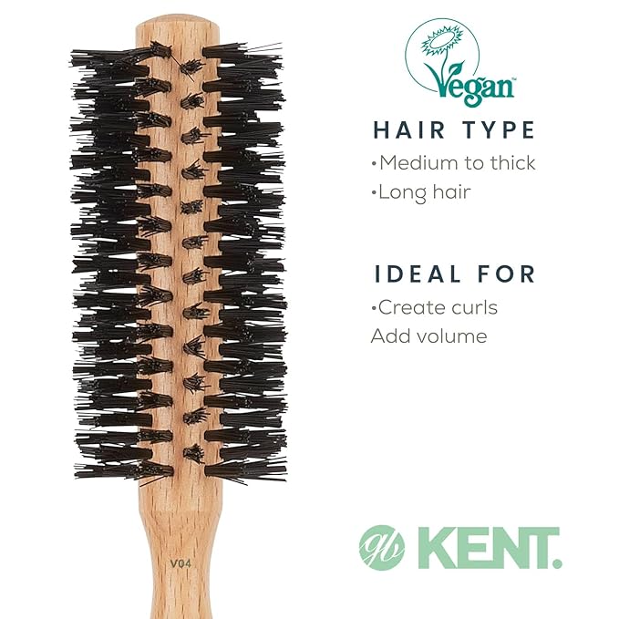 Kent V04 Vegan Round Brush - 45mm Bristles by Kent Brushes, Cruelty-Free Hair Brush with BioniFil Filaments for Blowouts, Volume, Curls, All Hair Types, Wooden Handle, Travel Size, Made in England