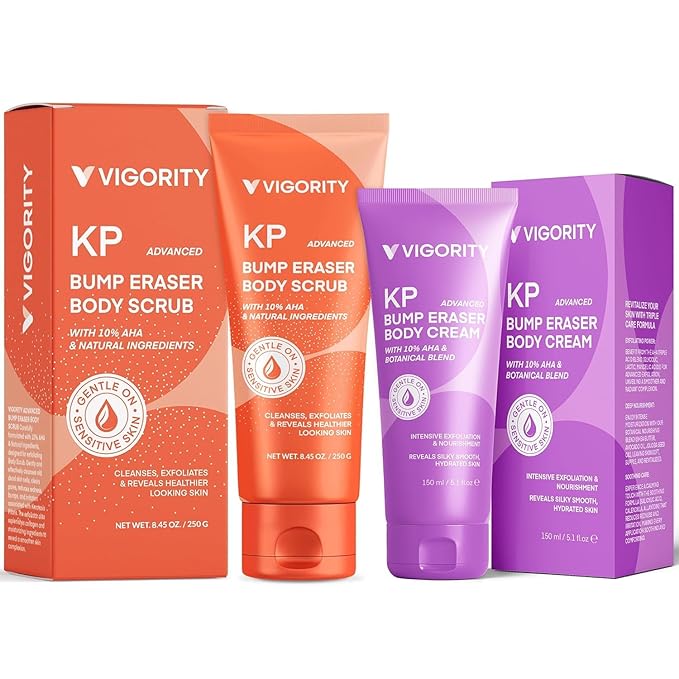 KP Bump Eraser Body Scrub & Keratosis Pilaris Lotion Set with 10% AHA + BHA – Strawberry Legs Treatment for Women & Man - Exfoliates & Deeply Hydrates for Smoother Healthy-Looking Skin