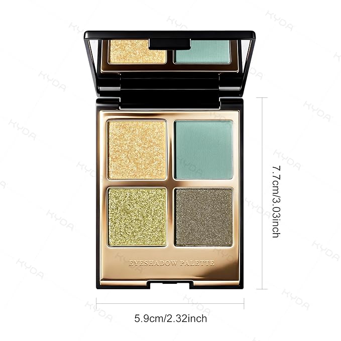 KYDA 4 Colors Eyeshadow Palette, Olive Green Golden Glitter Eyeshadow, Matte Cyan Blue Eye Shadow, Shimmer Pearl Brown Eyes Shadow Palette, Ultra-fine Lightweight, High Pigment Smoky Eyes Makeup