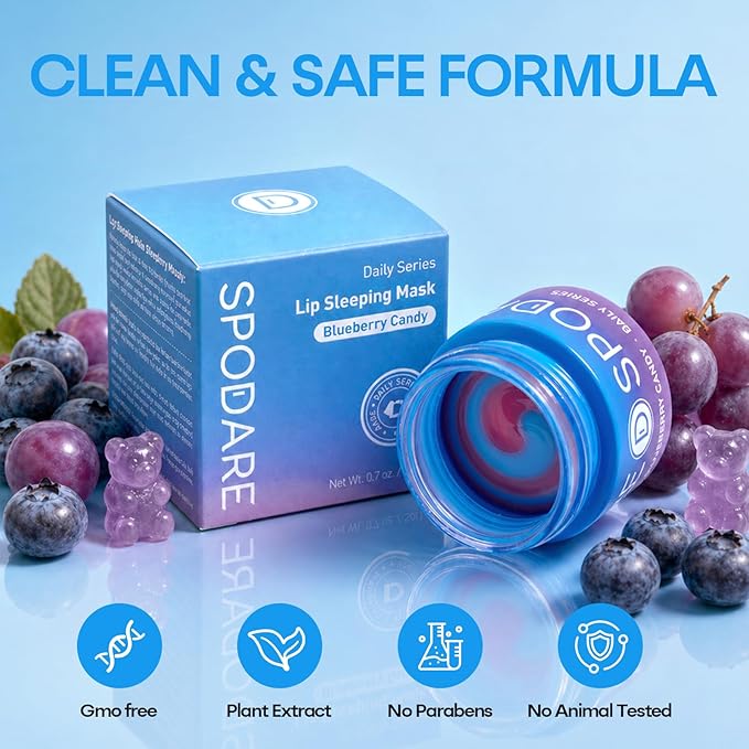 SPODARE 20g Blueberry Lip Mask Overnight, Lip Moisturizer for Dry Cracked Lips Care, Dual-Color Lips Balm for Nourishing and Softening Lips, Birthday Gifts for Women & Teens